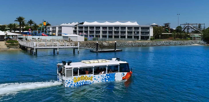The QuackrDuck boat in Gold Coast canals, waterfront homes